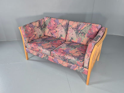 Vintage Stouby 2 Seater Sofa Floral Cotton Print 1980s Retro Beech Ends EB12448