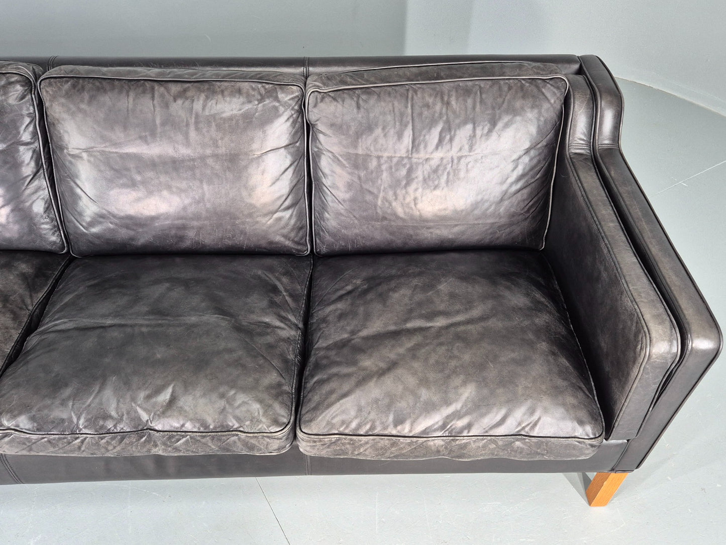 Vintage Stouby 3 Seat Sofa Black Leather 1980s Retro MCM Mogensen Style EB12427