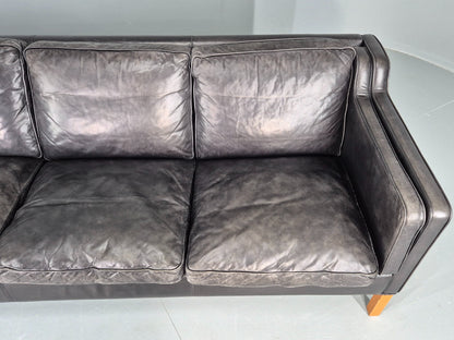 Vintage Stouby 3 Seat Sofa Black Leather 1980s Retro MCM Mogensen Style EB12427