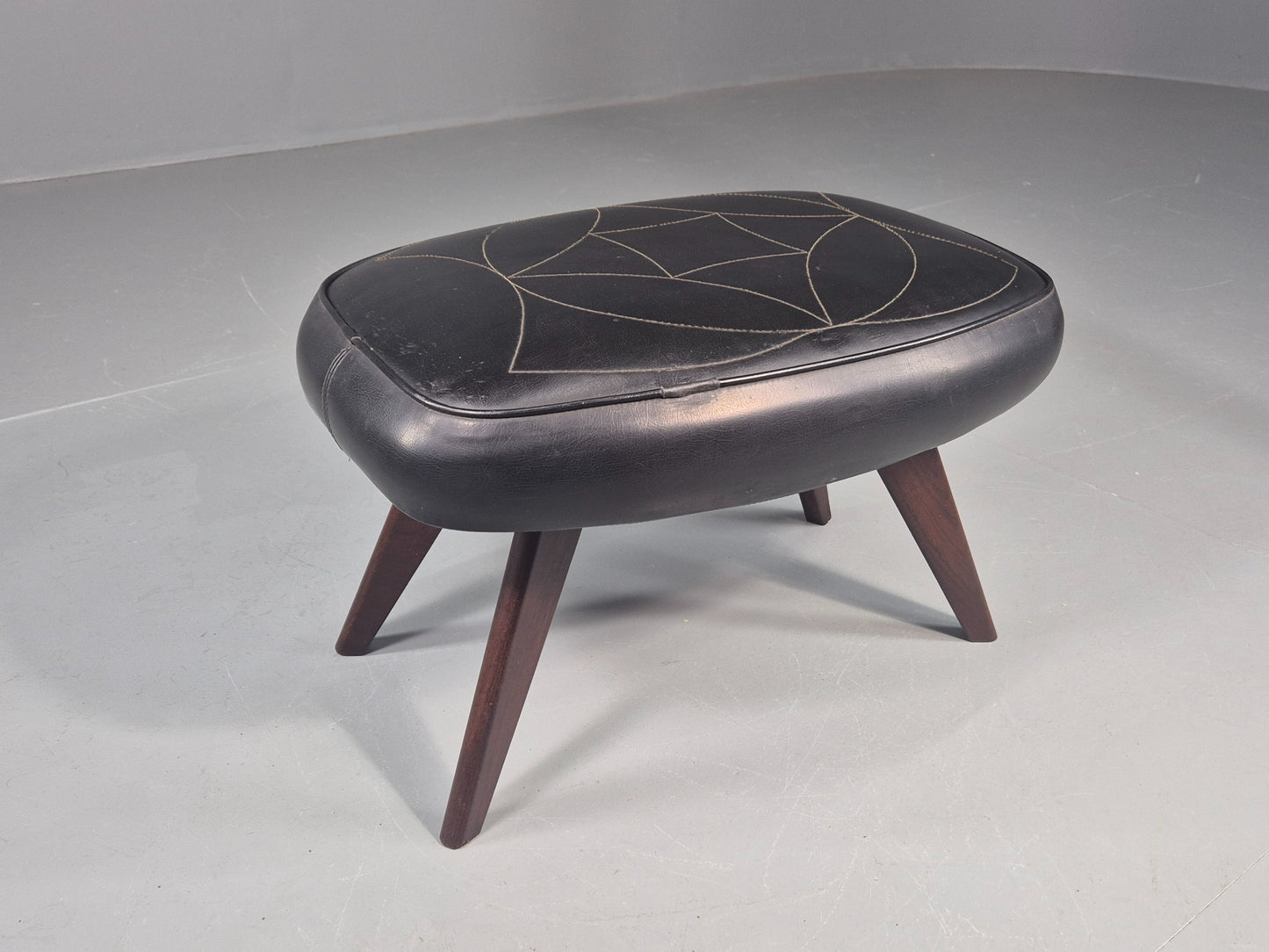Vintage Danish Mid Century Footstool Black Vinyl Teak Legs 1960s Retro EB12048