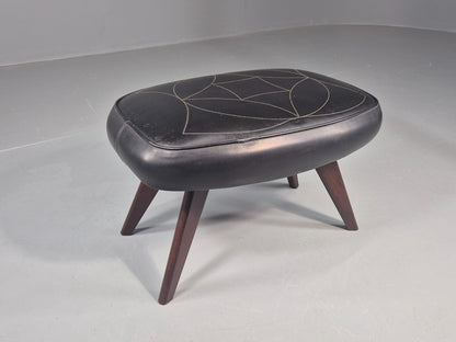 Vintage Danish Mid Century Footstool Black Vinyl Teak Legs 1960s Retro EB12048