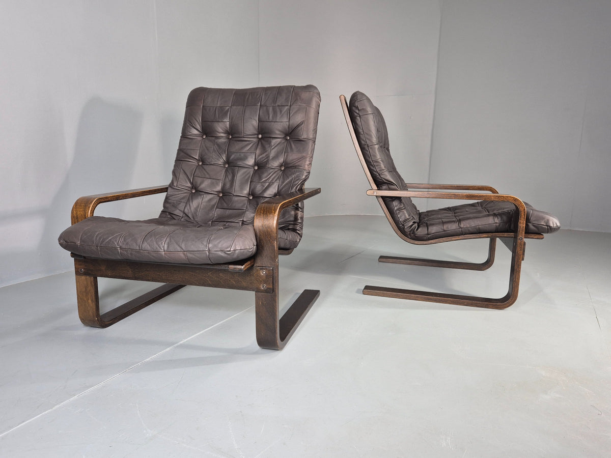 2 Vintage Leather Lounge Chairs 1970s Danish Bentwood MCM Retro  EB13080