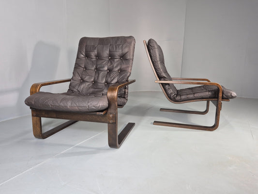 2 Vintage Leather Lounge Chairs 1970s Danish Bentwood MCM Retro  EB13080