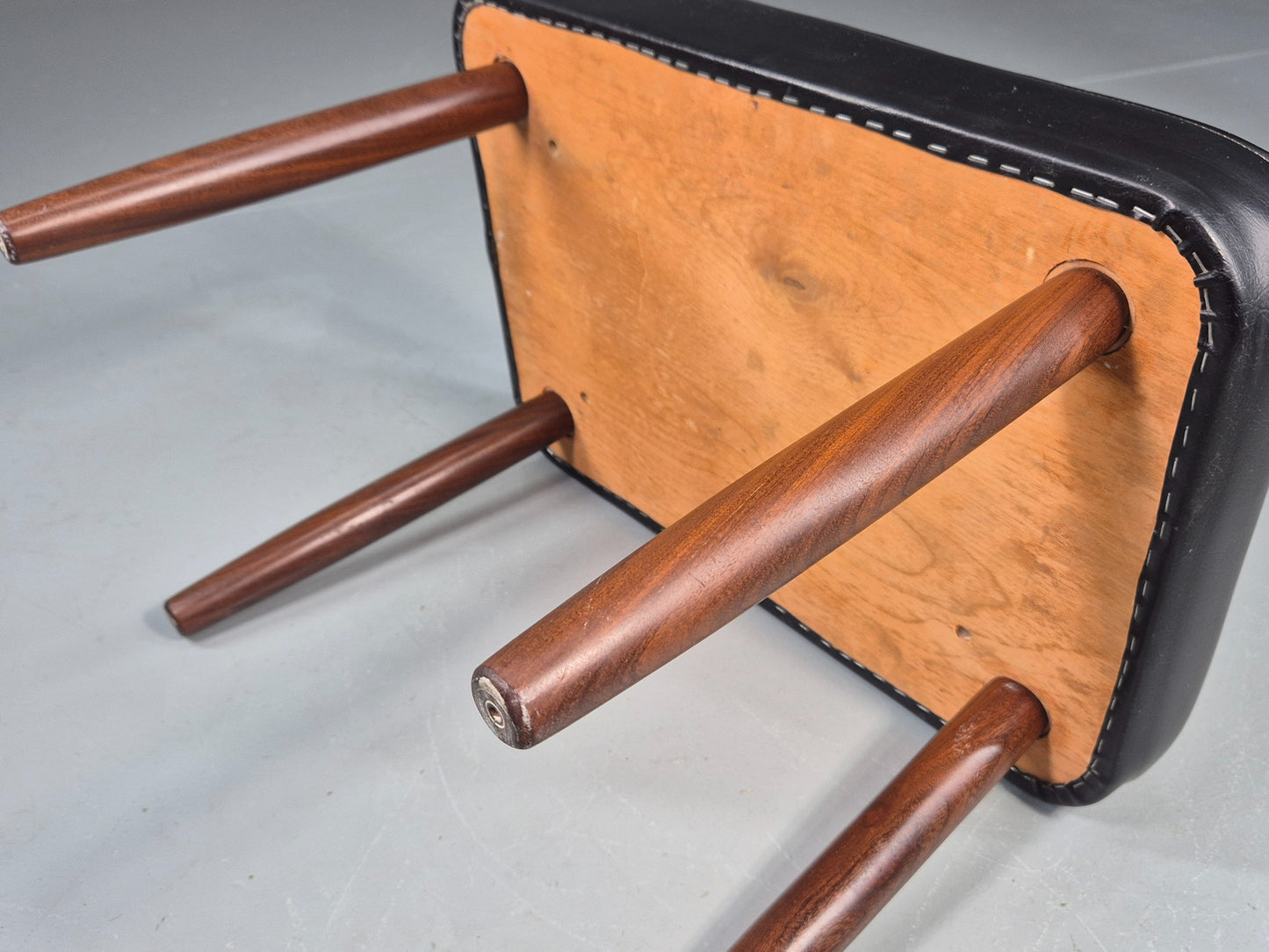 Vintage Mid Century Footstool Danish Black Vinyl Teak Legs Stitch Detail EB12031