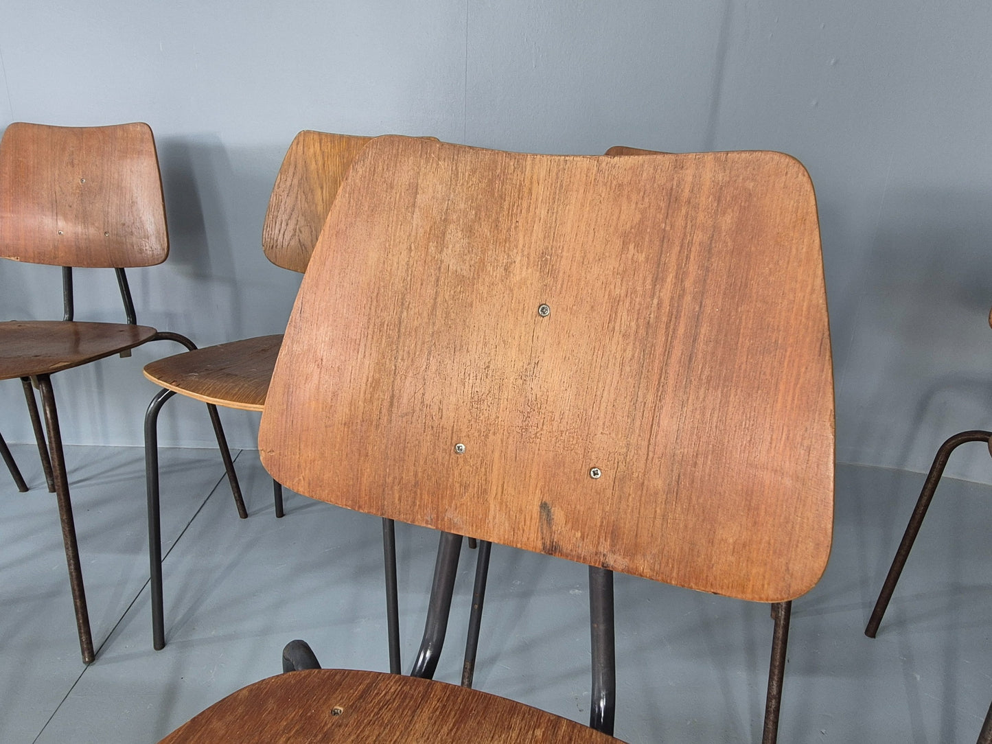 12 Vintage Danish Stacking Industrial Chairs Teak and Steel 1960s Retro EB12402