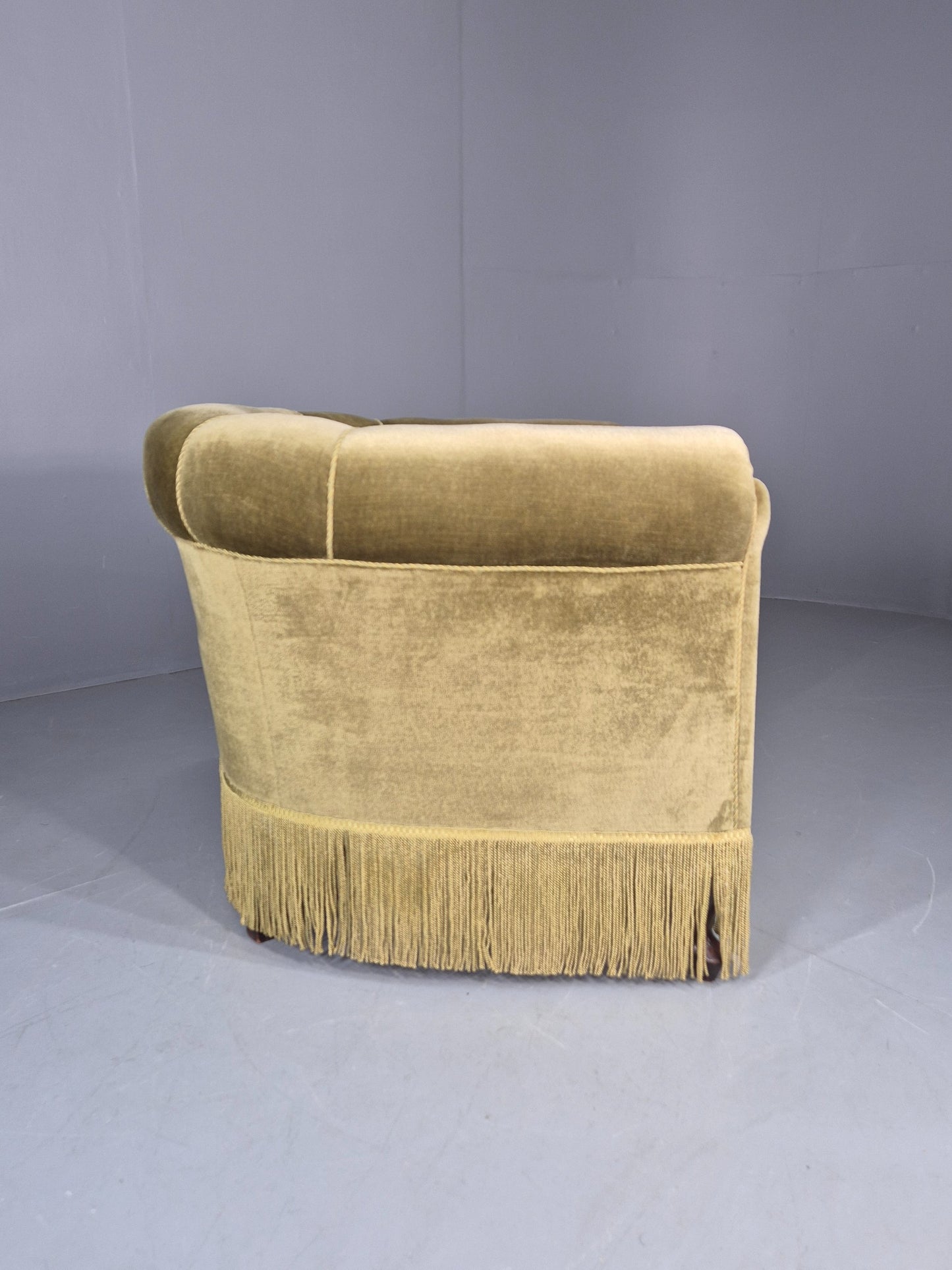 Vintage Danish Art Deco Tub Chair Green Velour Tassels 1940s  EB12710