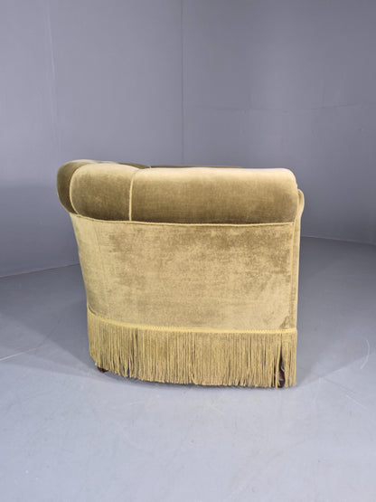 Vintage Danish Art Deco Tub Chair Green Velour Tassels 1940s  EB12710