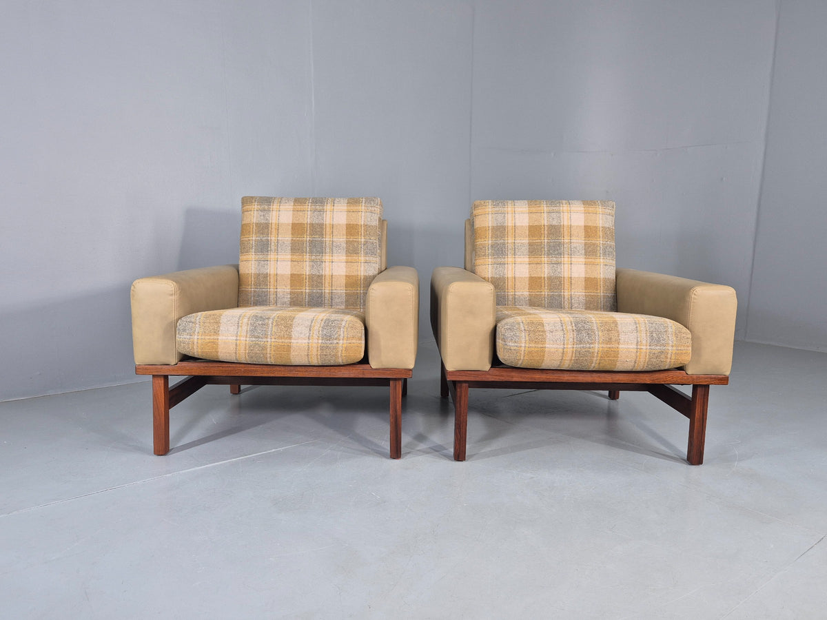 2 Vintage Danish Design Lounge Chairs New Leather and Wool Upholstery 1960s12040