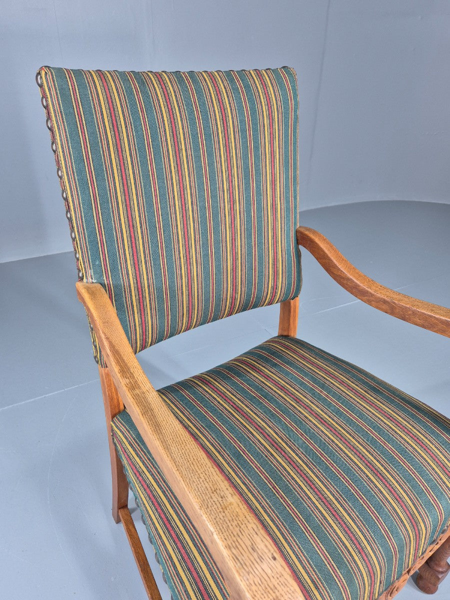 Vintage Danish Baroque Style Arm Chair Oak and Striped Wool 1960s  EB12460