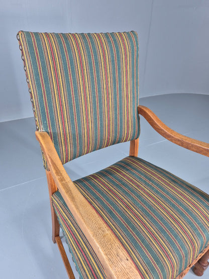 Vintage Danish Baroque Style Arm Chair Oak and Striped Wool 1960s  EB12460