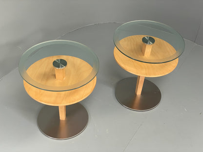 Danish Circular Side Tables Glass & Beech Pedestal Contemporary EB12400
