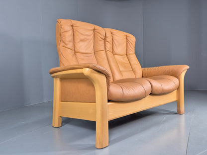 Vintage Stressless Windsor 2 seater Sofa Tan Leather Blonde Wood Frame Eb12590