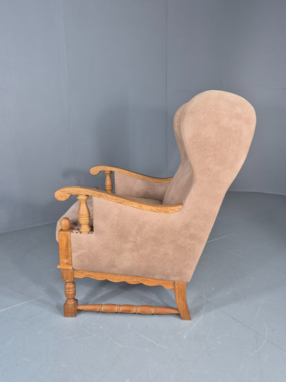 Vintage Wing Back Lounge Chair 1970s Danish Faux Suede on Oak Frame EB12774