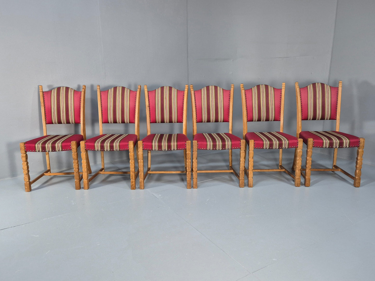 6 Vintage Kjaernulf Style Danish Oak Dining Chairs 1970s Retro Red Wool EB9535
