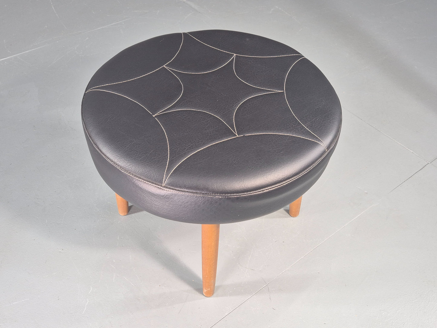Vintage Danish Mid Century Footstool Black Vinyl Round Beech Legs Retro EB12092