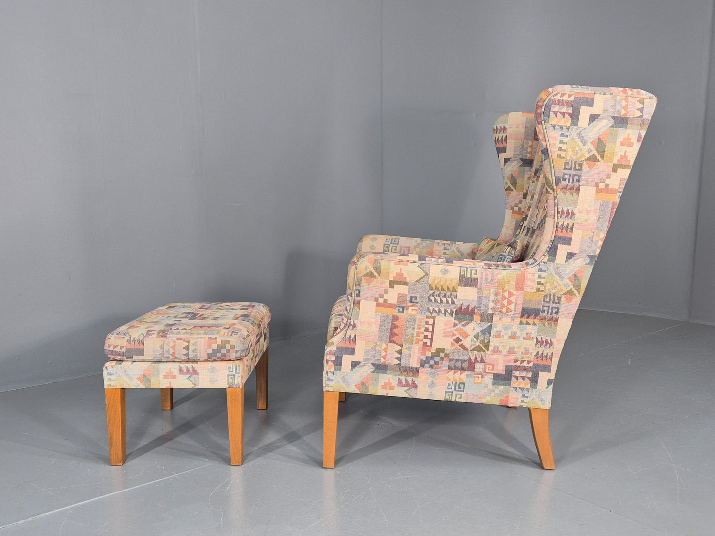 Vintage Danish Wing back Armchair and Stool 1980s Retro MCM EB12139