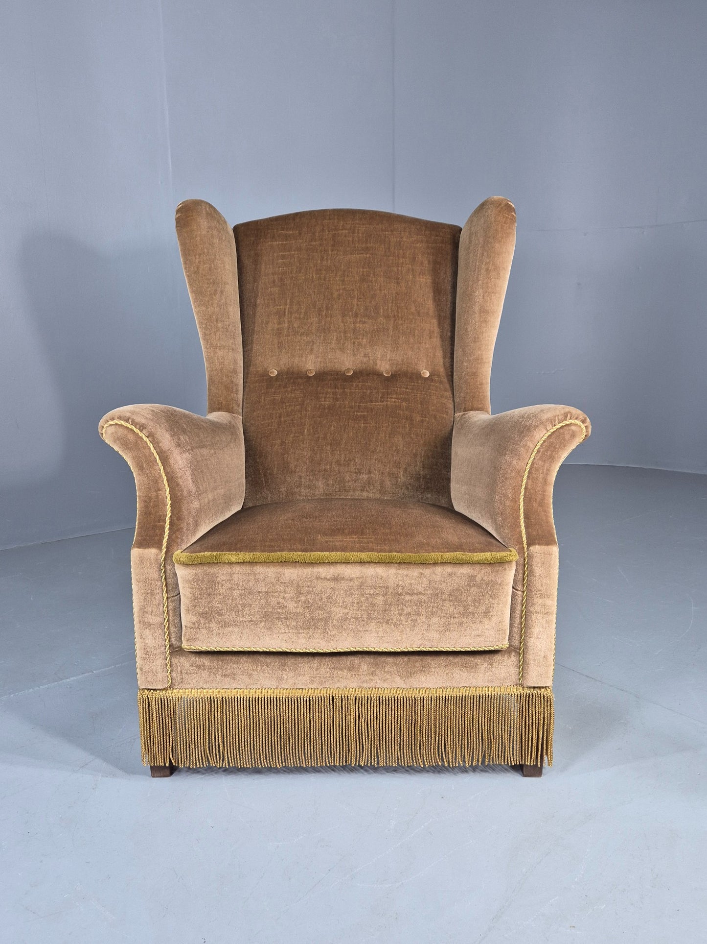 Vintage Wingback Lounge Chair Danish 20th Century Green Velvet Velour EB12706