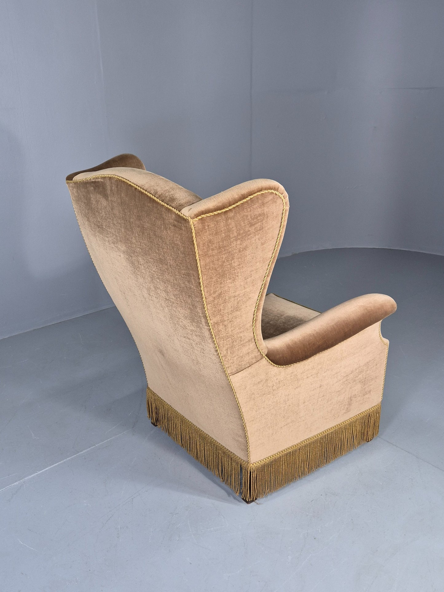 Vintage Wingback Lounge Chair Danish 20th Century Green Velvet Velour EB12706