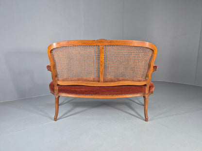 Vintage Danish 2 Seat Sofa French Style Bergere Back Red Velvet Velour EB12744