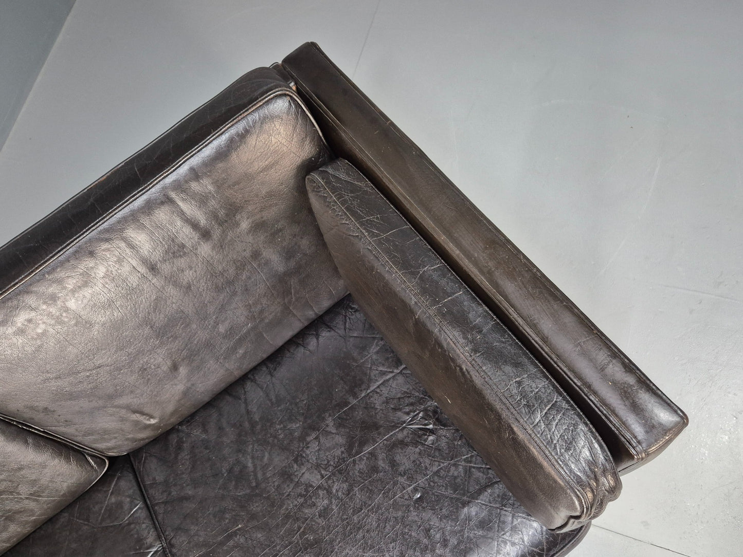 Vintage 2 seater sofa Danish Mid Century Black Leather Retro 1970s EB09407