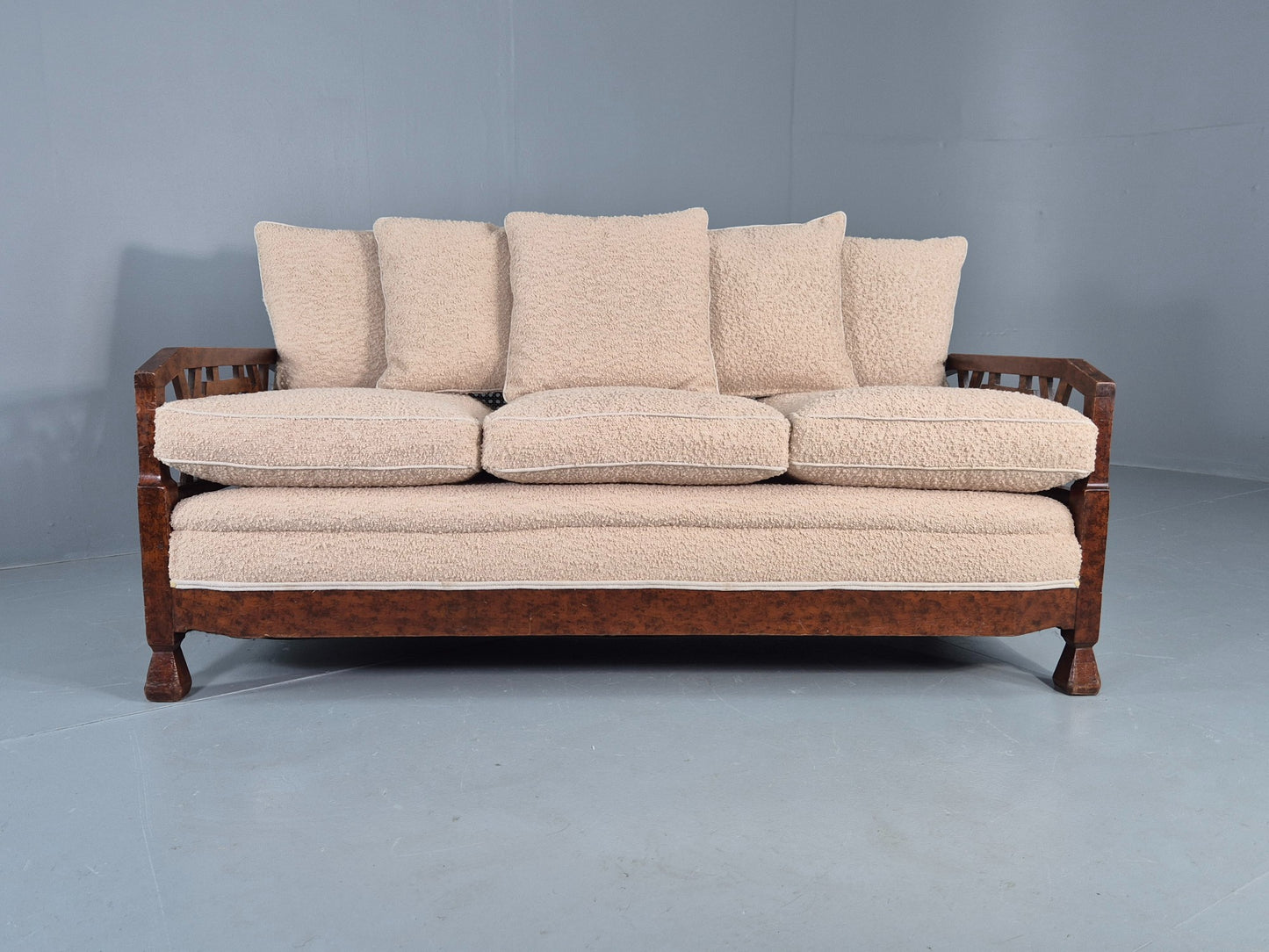 Vintage Art Deco 3 Seat Sofa Dappled Walnut White Boucle Bergere EB12557