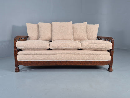 Vintage Art Deco 3 Seat Sofa Dappled Walnut White Boucle Bergere EB12557