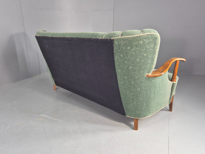 Danish 1950s 3 seater Sofa Shell Back Green Moquette Curved Front EB12768
