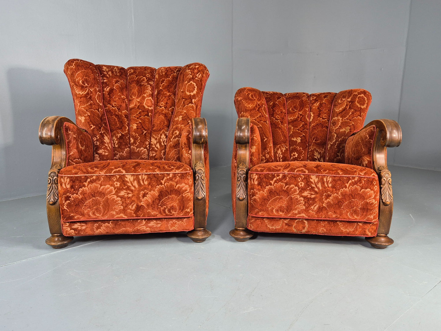 2 Vintage Danish 40s Lounge Chairs Carved Frame Cut Moquette Upholstery EB12906