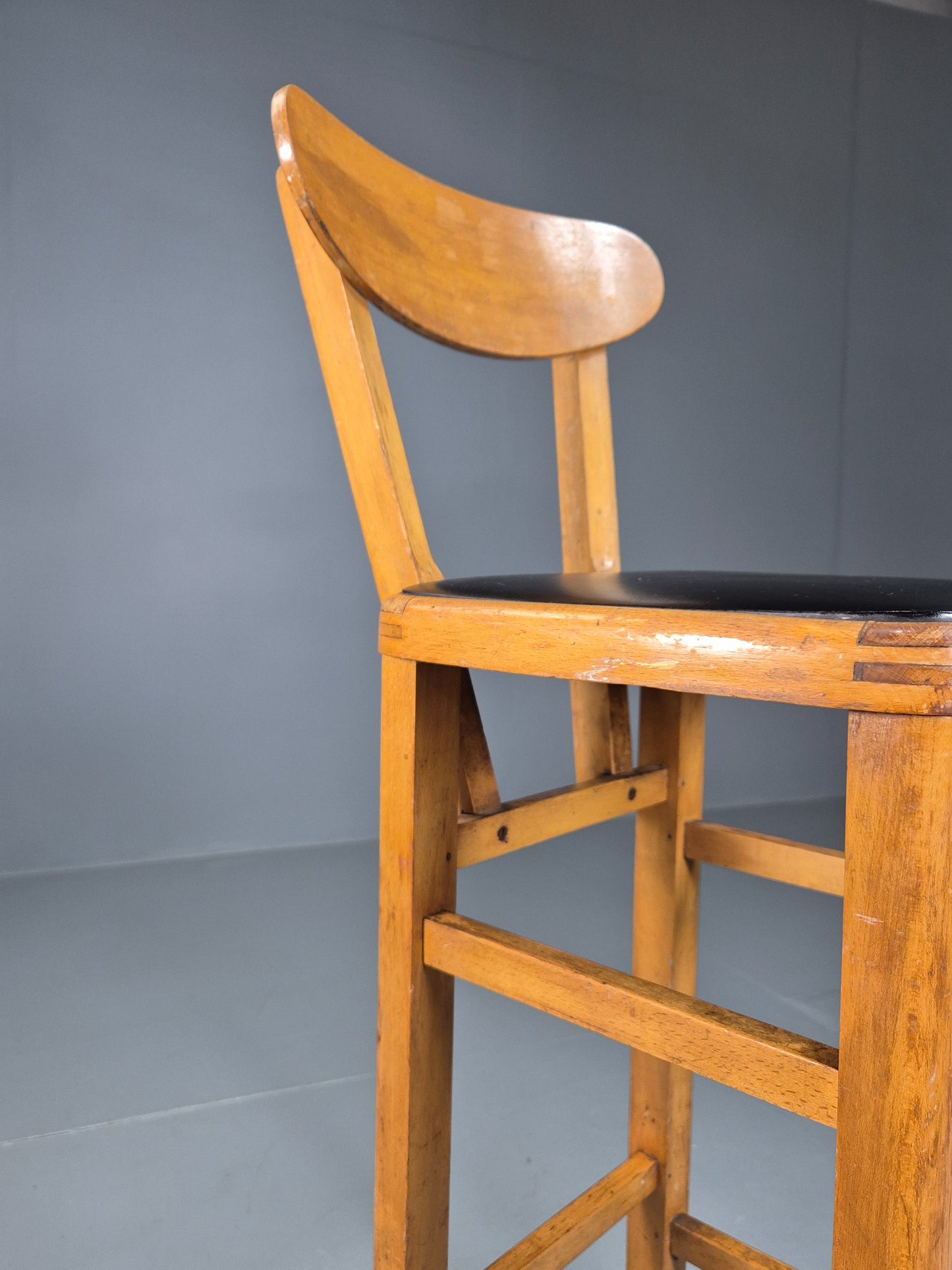 Vintage Mid-century Black Vinyl and Beech Bar Stool 1960s Retro EB07918