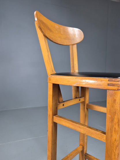 Vintage Mid-century Black Vinyl and Beech Bar Stool 1960s Retro EB07918