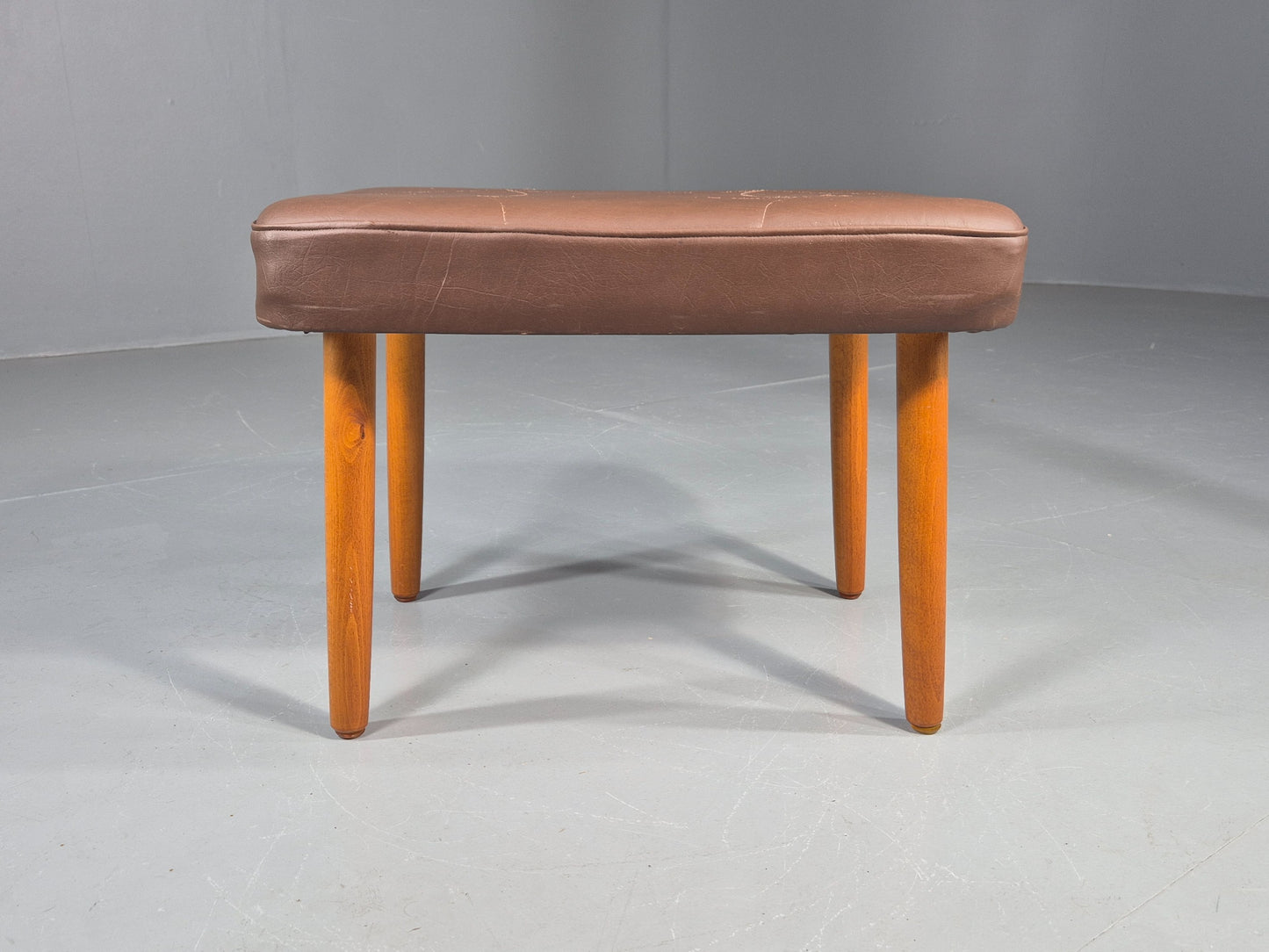 Vintage Danish Mid Century Footstool Brown Vinyl 1960s Retro  EB12032