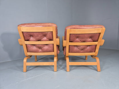2 Vintage Swedese Leather Bentwood Lounge Chairs Design Yngve Ekstrom  EB13089