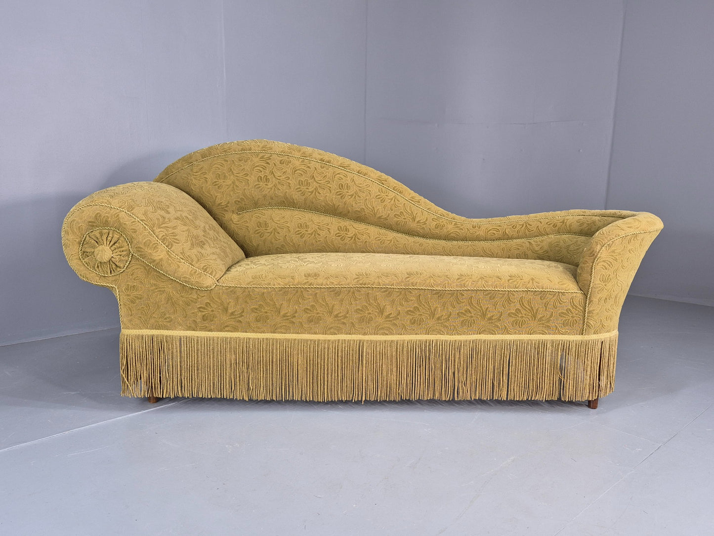 Vintage Danish Art Deco Chaise Lounge Green Moquette Tassels and Curves EB12765