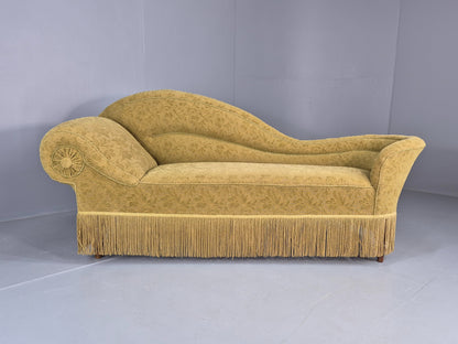 Vintage Danish Art Deco Chaise Lounge Green Moquette Tassels and Curves EB12765
