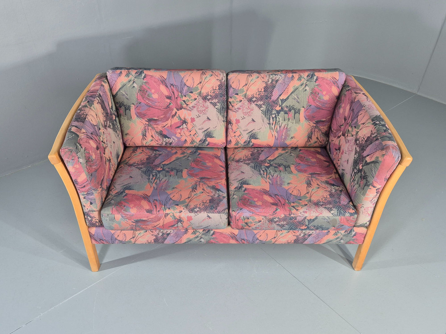 Vintage Stouby 2 Seater Sofa Floral Cotton Print 1980s Retro Beech Ends EB12448