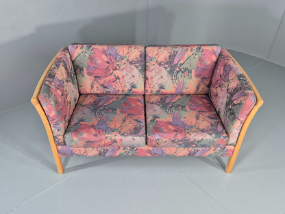 Vintage Stouby 2 Seater Sofa Floral Cotton Print 1980s Retro Beech Ends EB12448