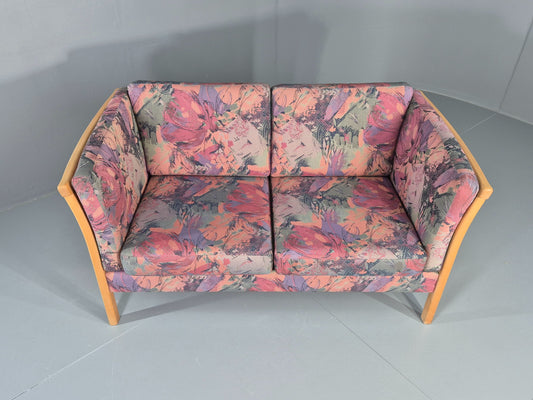 Vintage Stouby 2 Seater Sofa Floral Cotton Print 1980s Retro Beech Ends EB12448