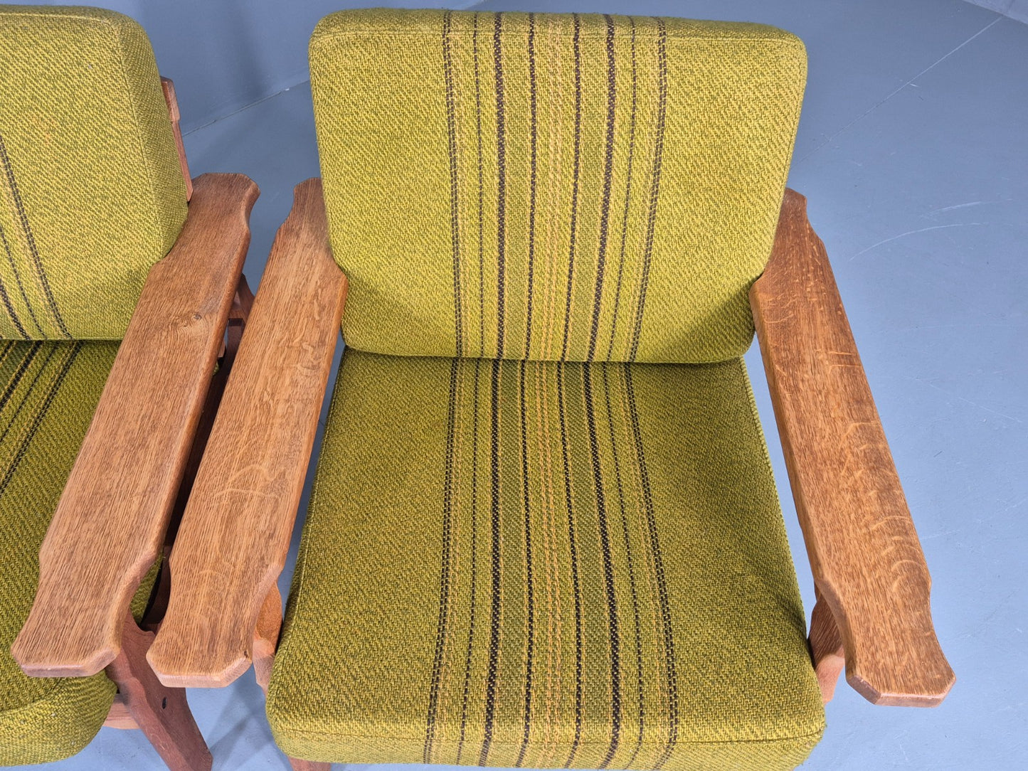 2 Vintage Lounge Chairs 1970s Danish Kjaernulf Oak Frames Green Cushions EB12780