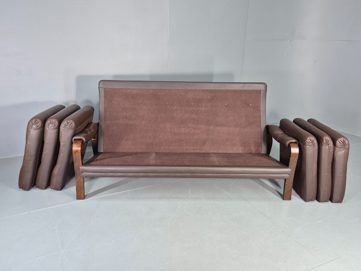 Vintage Danish 3 Seat Sofa Brown Leather Bentwood Frame 1980s Retro MCM EB13062