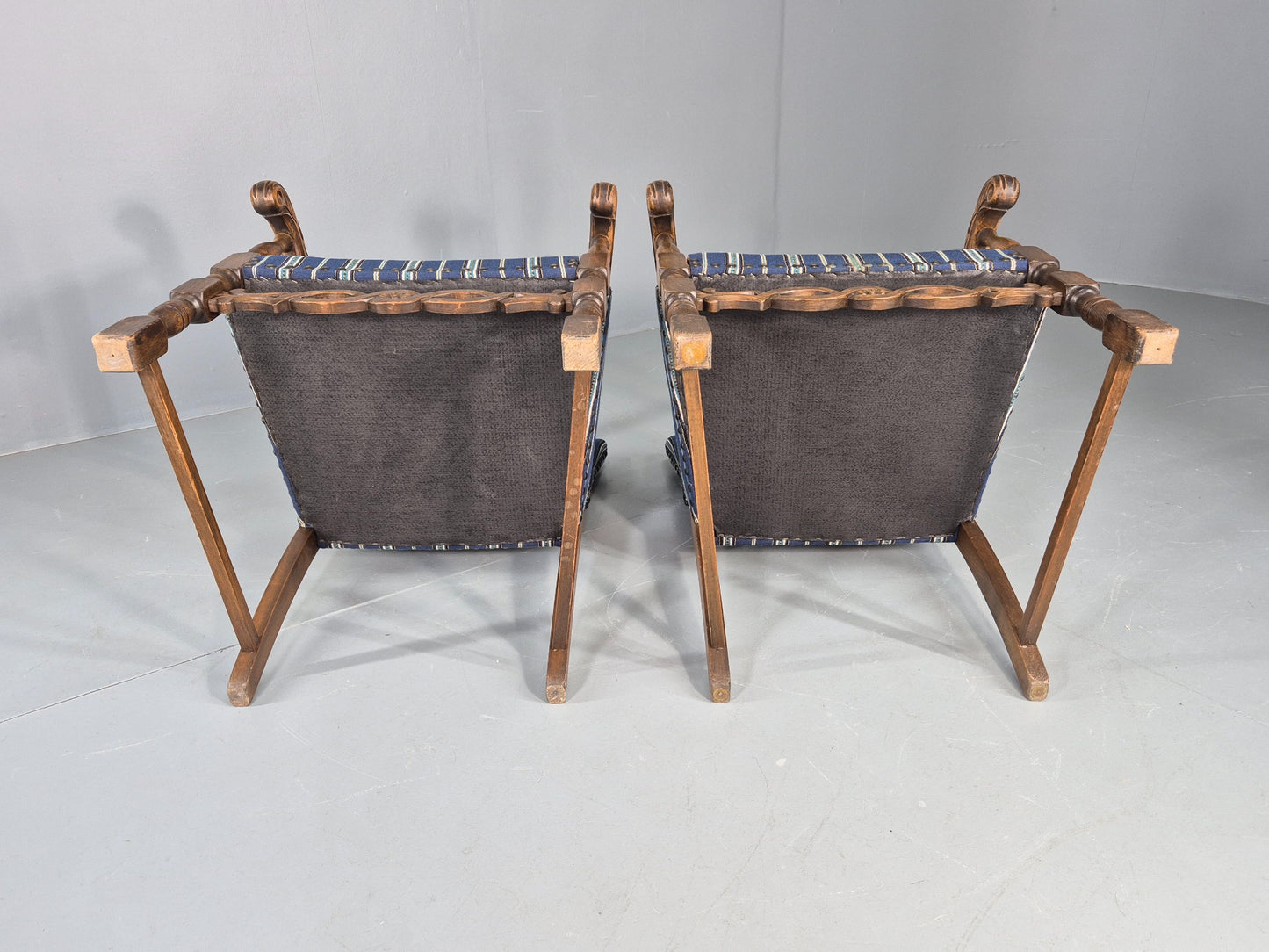 2 Vintage Danish Baroque Style Oak 1950s Elbow Chairs Blue Wool Stripe EB12647