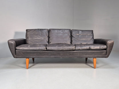 Vintage 3 Seater Black Leather Sofa 1960s Danish Thams Retro MCM EB09926