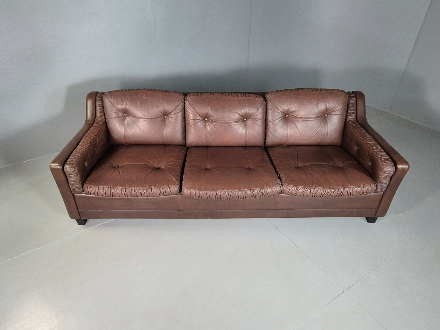 EB6986 Vintage Danish 3 Seat Sofa Brown Leather 1970s Retro MCM M3SS