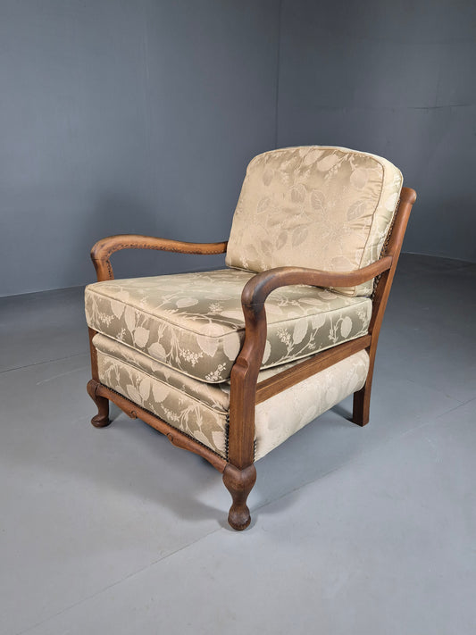 EB6989 Vintage Lounge Chair Bergere Frame Floral Damask Antique 1920s MNOR