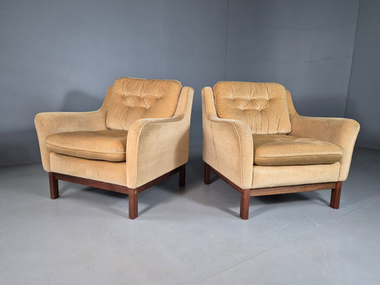 EB7117 2 Vintage Swedish Lounge Chairs Gold Velour Retro MCM MNOR