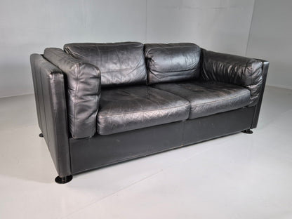 EB7162 Vintage Danish 2 Seat Sofa Black Leather 1980s Retro MCM M2SS