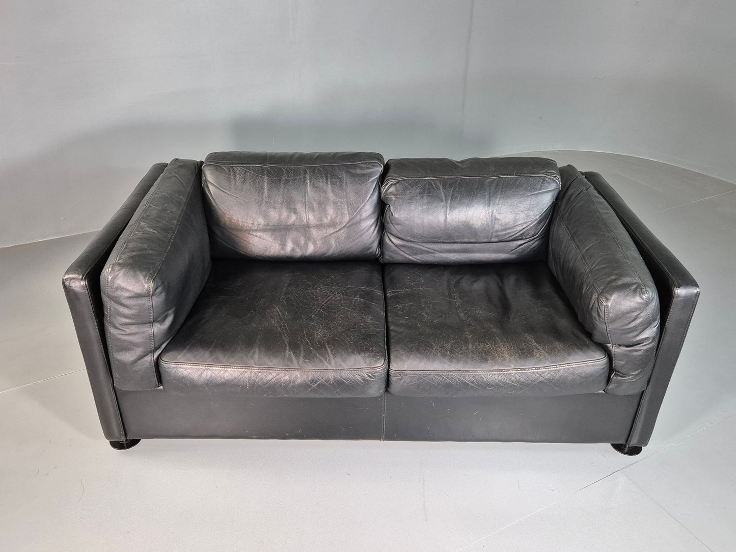 EB7162 Vintage Danish 2 Seat Sofa Black Leather 1980s Retro MCM M2SS