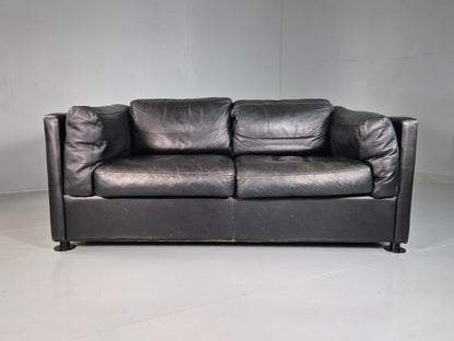 EB7162 Vintage Danish 2 Seat Sofa Black Leather 1980s Retro MCM M2SS