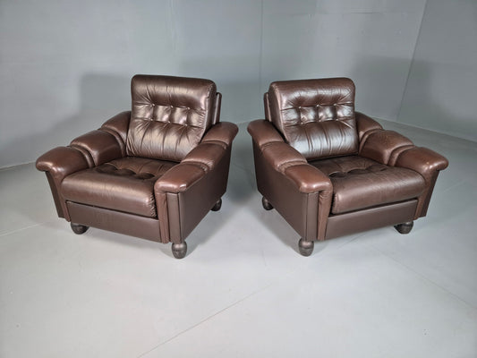 EB7177 2 Vintage Danish Lounge Chairs Brown Leather Vinyl Retro MCM 1970s MNOR