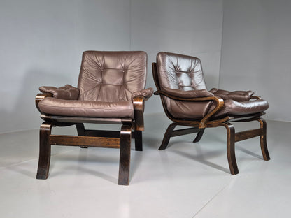 EB7285 2 Vintage Danish Lounge Chairs Brown Leather Bentwood 1980 Retro MCM MBEN