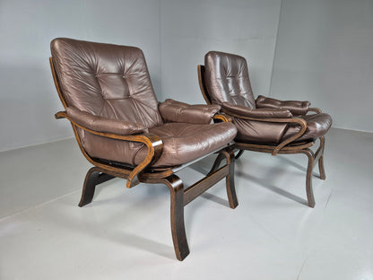 EB7285 2 Vintage Danish Lounge Chairs Brown Leather Bentwood 1980 Retro MCM MBEN